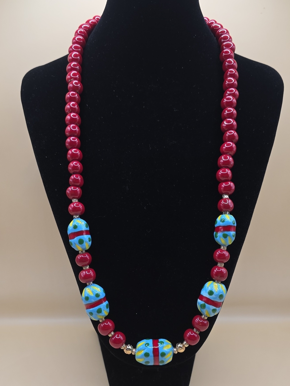 Handcrafted Ceramic Glazed Red with Blue Accent Bead Necklace